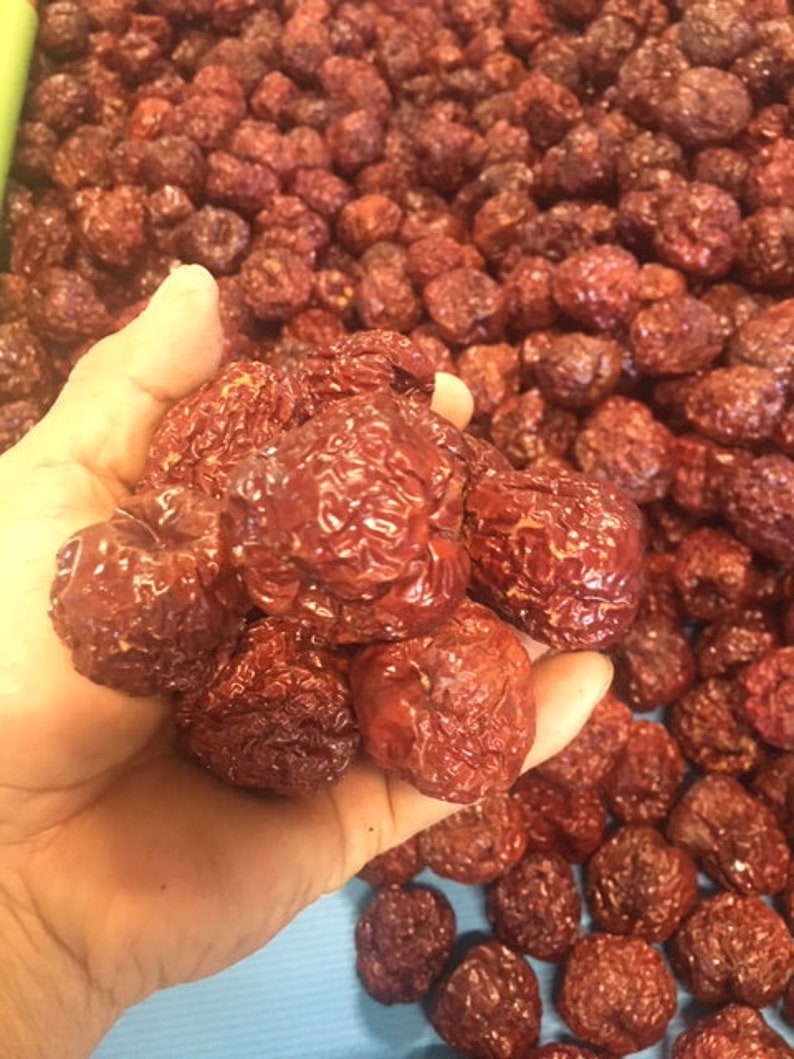 May include: A handful of dried, reddish-brown jujube fruits, with a wrinkled texture, are held in a hand. The background is filled with more of the same dried fruit. The image highlights the color and texture of the jujubes.