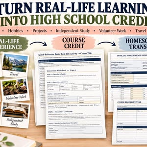 Könnte beinhalten: Ein Dokumentenset mit dem Titel Turn Real-Life Learning Into High School Credit, bestehend aus einer Schnellreferenzbank, einem Umrechnungsarbeitsblatt und einem offiziellen Homeschool-Highschool-Zeugnis, ergänzt durch sechs Fotos zu verschiedenen Lernaktivitäten.