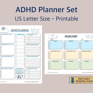 Può includere: Un set di planner per ADHD in formato US Letter, con due pagine stampabili. Una pagina è un planner ADHD con sezioni per attività, orari e assunzione di acqua. La seconda pagina è un foglio per il brain dump con caselle categorizzate per le liste.