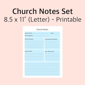 Può includere: Un set di note della chiesa stampabili, 21,6 x 27,9 cm. La pagina ha sezioni per l'argomento del sermone, il pastore, le richieste di preghiera, gli eventi futuri, le note del sermone e i punti chiave. Il testo "Church Notes" è in alto.