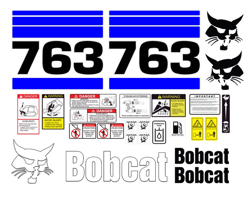Może przedstawiać: Zestaw naklejek i etykiet bezpieczeństwa Bobcat. Naklejki zawierają numer "763" w kolorze czarnym, niebieskie paski i logo Bobcat. Etykiety bezpieczeństwa ostrzegają przed niebezpieczeństwami i obrażeniami.