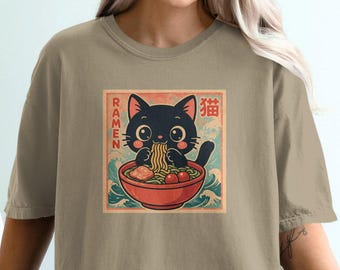 Ramen Cat T-Shirt: Kawaii Japanese Noodle, Soft Comfort Colors Tee
