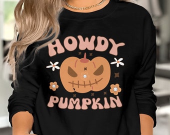 Howdy Pumpkin Sweatshirt, Quirky Howdy Pumpkin Sweatshirt - Playful Fall Attire with Whimsical Design and Cozy Warmth