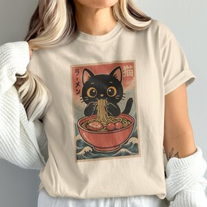 Cute Black Cat Ramen Graphic T-Shirt, Cartoon Cat Eating Noodles Shirt, Japanese Ramen Noodle Tee, Kawaii Cat Lover Gift