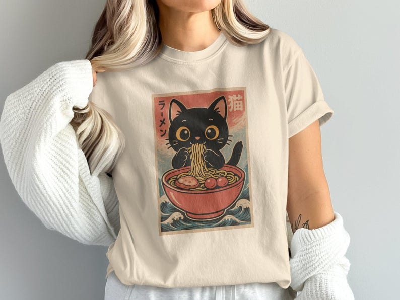 Cute Black Cat Ramen Graphic T-Shirt, Cartoon Cat Eating Noodles Shirt, Japanese Ramen Noodle Tee, Kawaii Cat Lover Gift