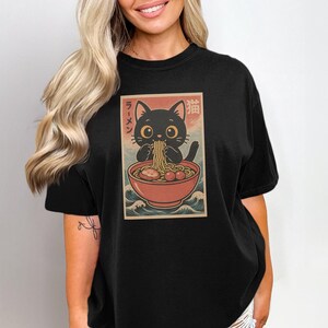 Cute Cat Ramen T-Shirt, Funny Japanese Noodle Graphic Tee, Anime Food Lover Shirt, Trendy Cat Lover Gift, Casual Cute Graphic Tee