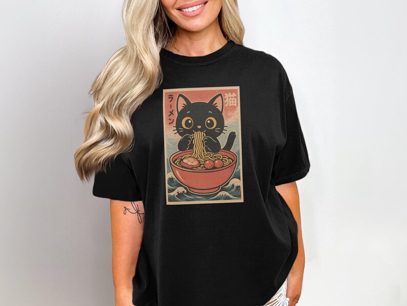 Cute Cat Ramen T-Shirt, Funny Japanese Noodle Graphic Tee, Anime Food Lover Shirt, Trendy Cat Lover Gift, Casual Cute Graphic Tee
