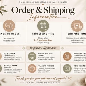 Puede incluir: Un gr&aacute;fico informativo titulado Order & Shipping Information con secciones para Made to Order, Processing Time y Shipping Time. Incluye Important Reminders sobre verificaci&oacute;n de direcci&oacute;n, variaciones de color, cambios de producci&oacute;n, d&iacute;as festivos, seguimiento y soporte.