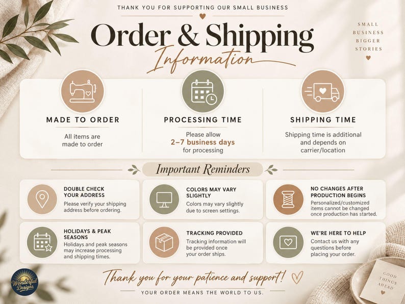 Puede incluir: Un gr&aacute;fico informativo titulado Order & Shipping Information con secciones para Made to Order, Processing Time y Shipping Time. Incluye Important Reminders sobre verificaci&oacute;n de direcci&oacute;n, variaciones de color, cambios de producci&oacute;n, d&iacute;as festivos, seguimiento y soporte.