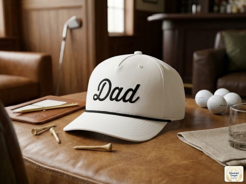 Puede incluir: Una gorra de b&eacute;isbol blanca con la palabra Dad bordada en letras cursivas negras en el panel frontal. La gorra incluye un detalle de cuerda negra que recorre horizontalmente la base de la corona, justo encima de la visera curva.