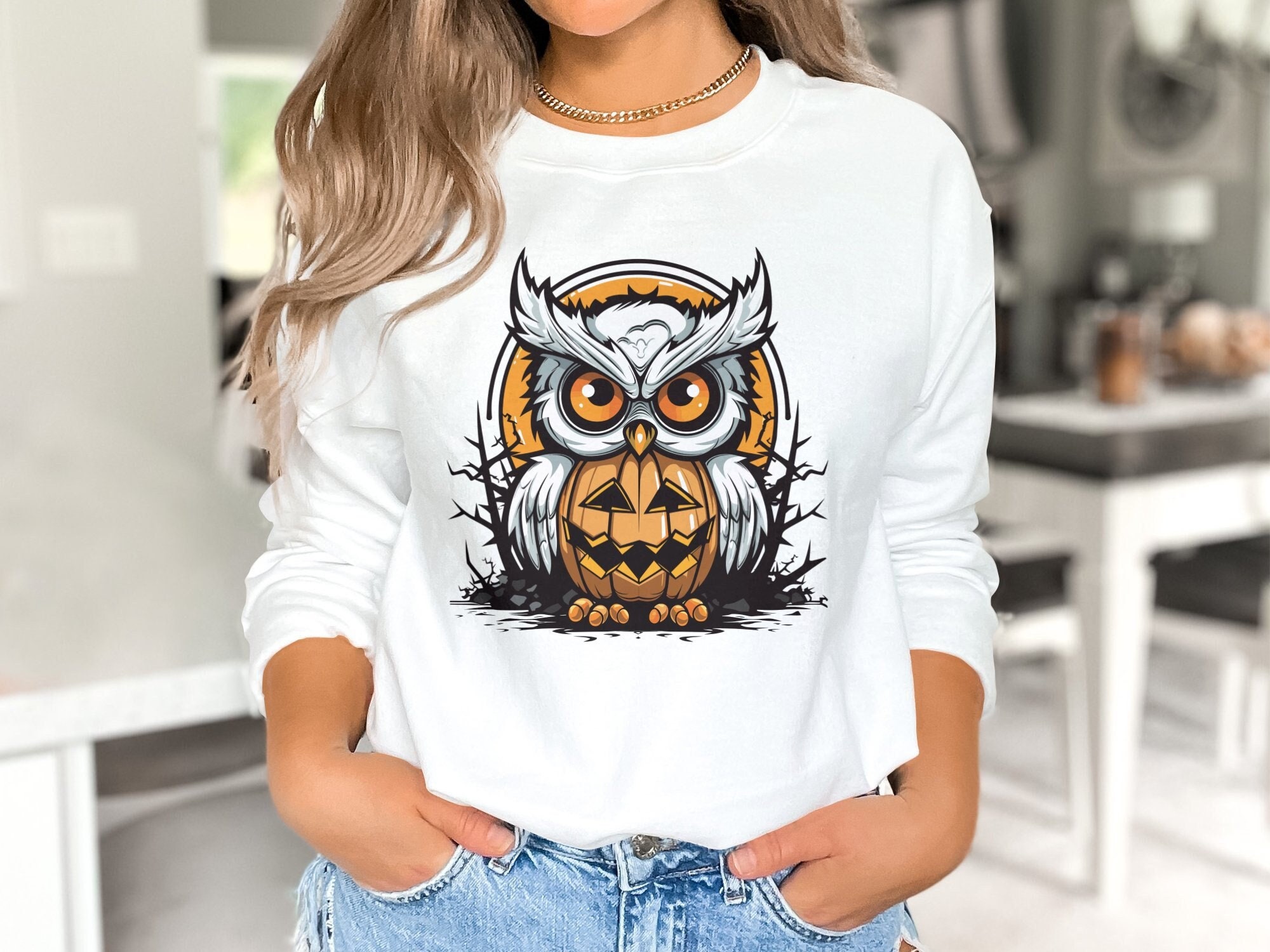 Owl Pumpkin Halloween Sweatshirt, Unisex Crewneck