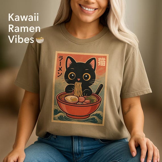 Ramen Cat T-Shirt: Kawaii Japanese Noodle Tee, Retro Anime