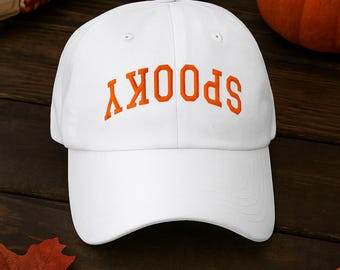Spooky Embroidered Hat - White Cotton Low Profile Adjustable Halloween Baseball Cap