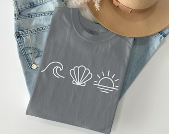 Minimalist Beach Shirt: Wave, Shell, Sunset Line Art