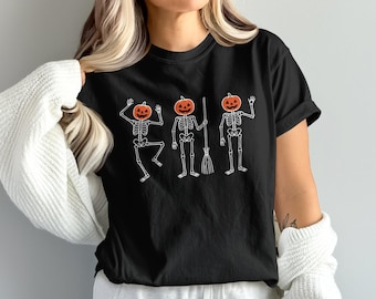 Retro Dancing Skeleton Halloween Shirt, Pumpkin Fall Graphic Tee, Spooky Vintage Skeleton T-Shirt