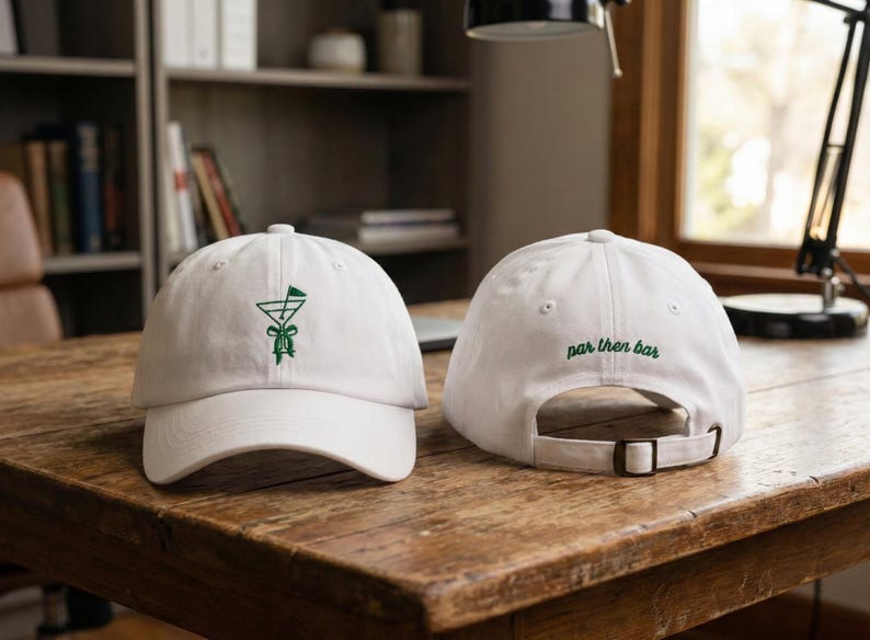 May include: Two white baseball caps with green embroidered designs. One cap features a cocktail glass with a golf flag, the other has "par then bar" embroidered on the back. Both caps are on a wooden table.