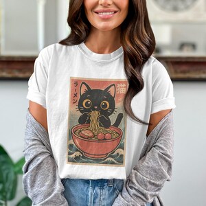 Cute Cat Eating Ramen Graphic Tee, Kawaii Japanese Noodle T-Shirt, Adorable Kitty Design, Fun and Unique Casual Top
