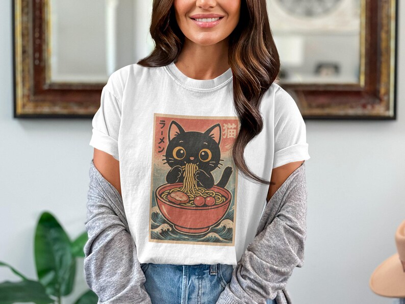 Cute Cat Eating Ramen Graphic Tee, Kawaii Japanese Noodle T-Shirt, Adorable Kitty Design, Fun and Unique Casual Top