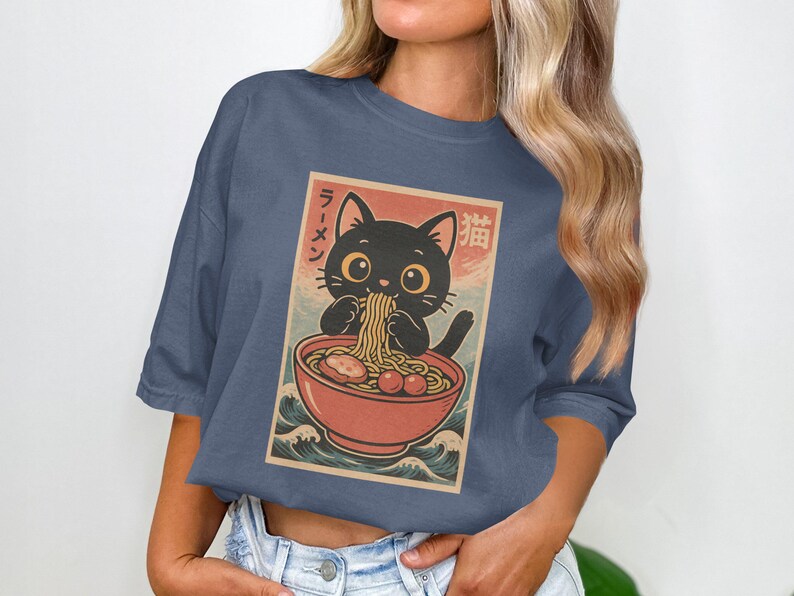 Cute Cat Eating Ramen T-Shirt, Japanese Anime Cat Shirt, Kawaii Cat Graphic Tee, Fun Ramen Cat Top, Adorable Feline Ramen Lover Shirt