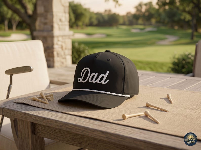 Puede incluir: Una gorra de b&eacute;isbol negra con la palabra Dad bordada en letra cursiva blanca en el panel frontal. La gorra incluye un detalle de cuerda blanca en la base de la corona, justo encima de la visera, y tiene un dise&ntilde;o estructurado de cinco paneles.