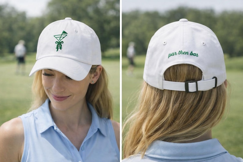 May include: White baseball cap with a green embroidered cocktail glass design on the front. The back of the cap has the text "par then bar" in green. The cap has an adjustable strap.