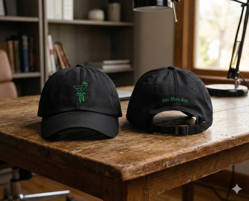 May include: Two black baseball caps on a wooden table. One cap features a green embroidered cocktail design, the other has the text "par then bar" in green. Both caps have adjustable straps.