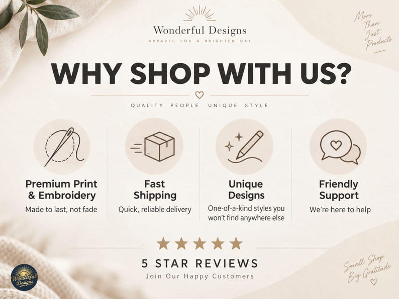 Puede incluir: Un gr&aacute;fico informativo titulado WHY SHOP WITH US? de Wonderful Designs. Presenta cuatro iconos circulares que representan Premium Print & Embroidery, Fast Shipping, Unique Designs y Friendly Support, seguidos de cinco estrellas y 5 STAR REVIEWS.