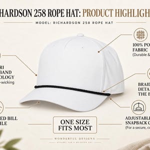 Puede incluir: Una gorra blanca Richardson 258 con un detalle de cuerda trenzada negra sobre la visera curva. Incluye una banda para el sudor, tejido 100% poli&eacute;ster y un cierre snapback ajustable. Texto: Richardson 258 Rope Hat: Product Highlights.