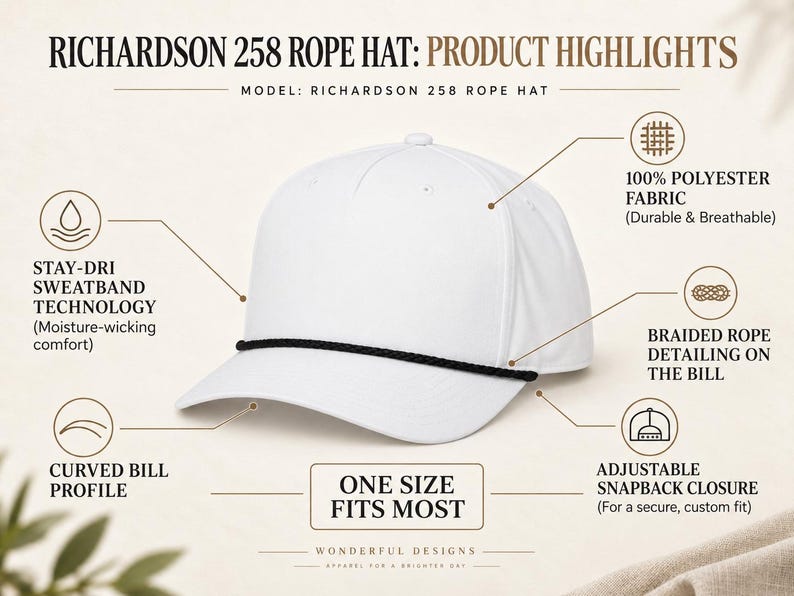 Puede incluir: Una gorra blanca Richardson 258 con un detalle de cuerda trenzada negra sobre la visera curva. Incluye una banda para el sudor, tejido 100% poli&eacute;ster y un cierre snapback ajustable. Texto: Richardson 258 Rope Hat: Product Highlights.