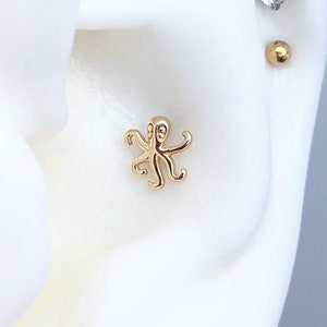 14k Yellow Gold Conch Labret Top w/ Titanium Post, Octopus Conch Earring,16 Guage Conch Stud, Solid Gold Conch Jewelry, helix, tragus, flat