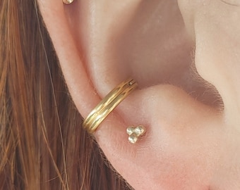 May include: A person's ear with multiple piercings. The ear is pierced in the helix, conch, and lobe. The helix piercing has a small, clear gemstone. The conch piercing has a gold hoop. The lobe piercing has a small, gold stud.