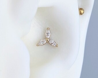 14k Yellow Gold Conch Labret Top,  Threadless Titanium Post, Marquise Trio Conch Earring,16 Guage Conch Stud, Conch piercing, helix, tragus