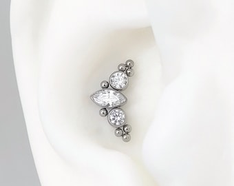 Marquise Gem Curve Labret Conch Earring, G23 Titanium,16 guage, 8mm post, internally threaded, flat back labret, conch stud, conch jewelry