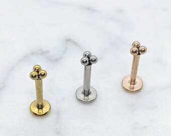Trinity Labret, 316L Stainless Steel, conch labret, conch Stud, 16 guage, Tri Bead Labret, 3 Bead Cluster, Helix, Tragus labret, tragus stud