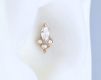 14k Yellow Gold Conch Labret Top, Internally Threaded Titanium Post, Marquise Cluster Conch Earring, 16 Guage Conch Stud, Conch piercing