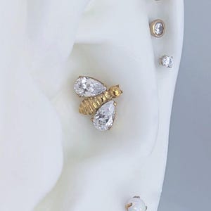 May include: A close-up of an ear adorned with multiple pieces of jewelry. A gold bee-shaped earring with clear teardrop-shaped gems is the focal point. Other earrings include a gold ball, a small clear gem, a small clear gem, a star-shaped earring, and a round clear gem.