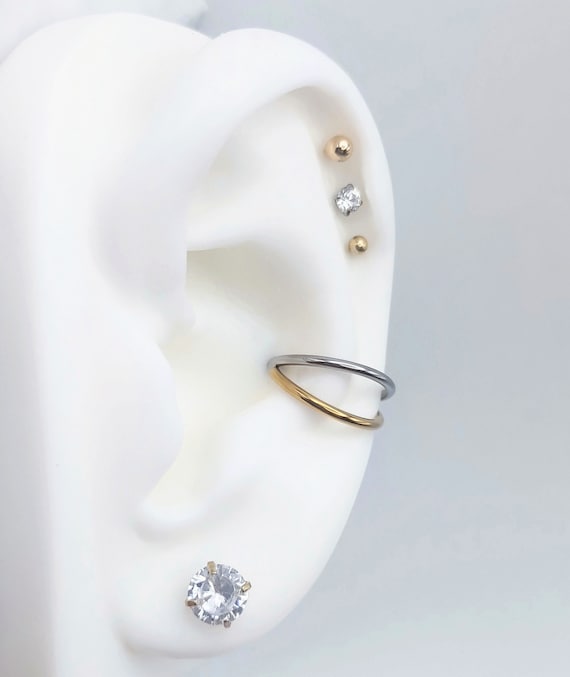 Two Tone Double Split Conch Earring, Silver and Gold Conch