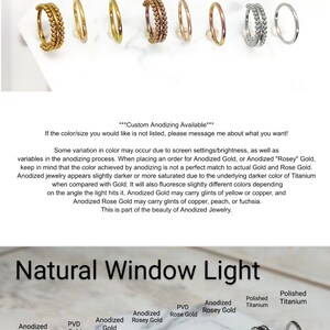 May include: A comparison of different finishes for jewelry rings, including anodized gold, PVD plated rose gold, polished titanium, and anodized rose gold. The rings are shown under bright artificial light and natural window light.