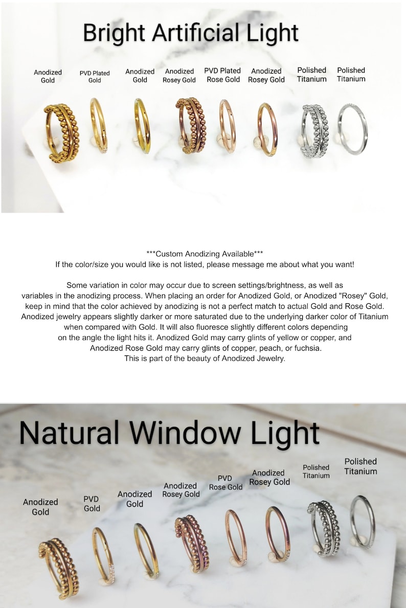 May include: A comparison of different finishes for jewelry rings, including anodized gold, PVD plated rose gold, polished titanium, and anodized rose gold. The rings are shown under bright artificial light and natural window light.