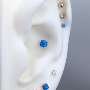May include: Close-up of an ear with multiple piercings. The piercings feature small round gemstones in various colors, including blue, clear, and gold.