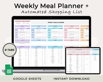 Weekly Meal Planner Google Sheets, Grocery list, Automated Shopping list, Recipe Spreadsheet, Food Prep, Meal Planner Template