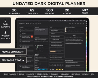 Undated Digital Planner Dark Mode, Blackout Planner, GoodNotes planner, Notability planner, Planner Undated, iPad planner, Android Planner