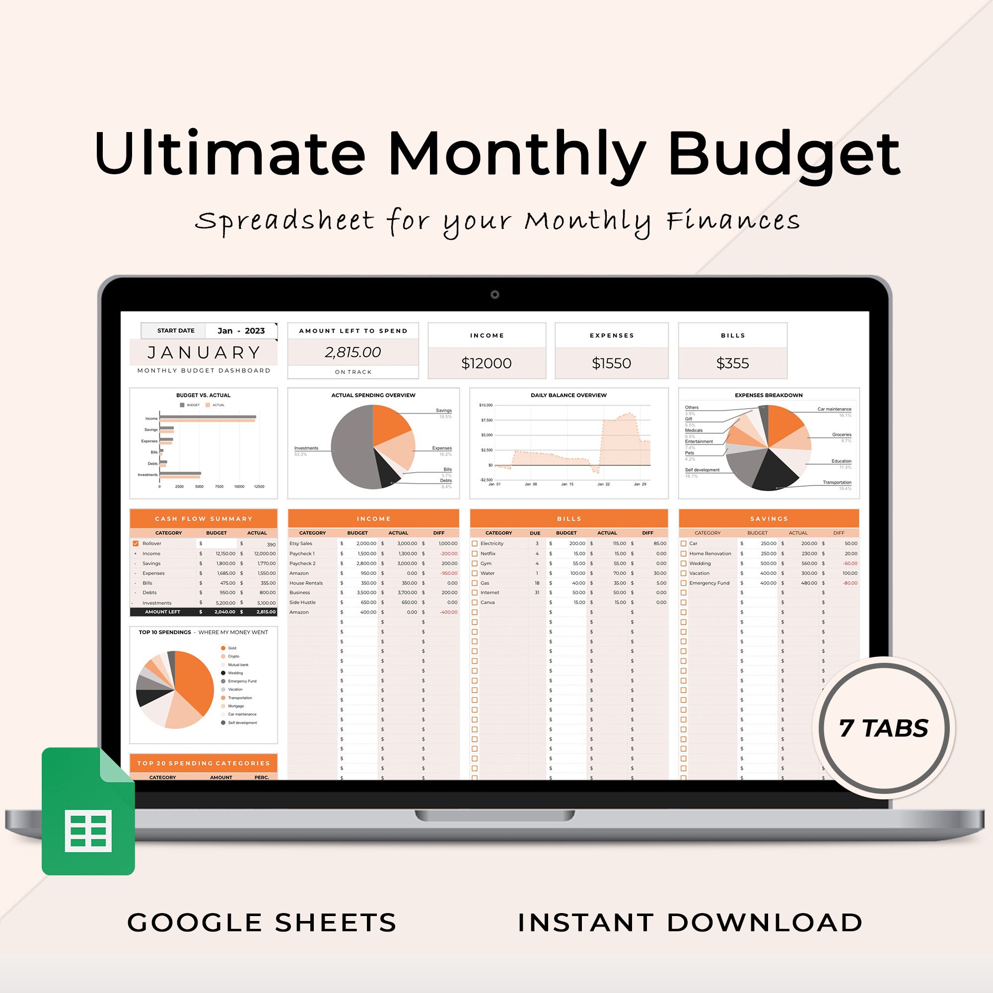 Ultimate Monthly Budget Spreadsheet, Monthly Budget Planner, Google ...