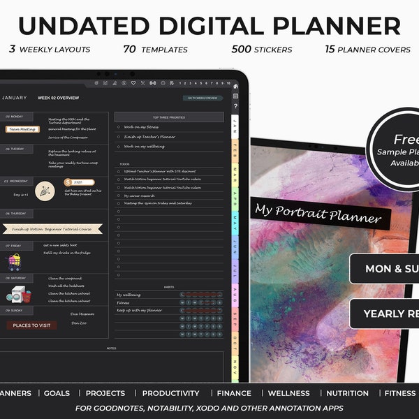 Portrait Planner, Dark Mode Planner GoodNotes, Undated Digital Planner, GoodNotes Planner, iPad Planner, Blackout Planner, Android Planner
