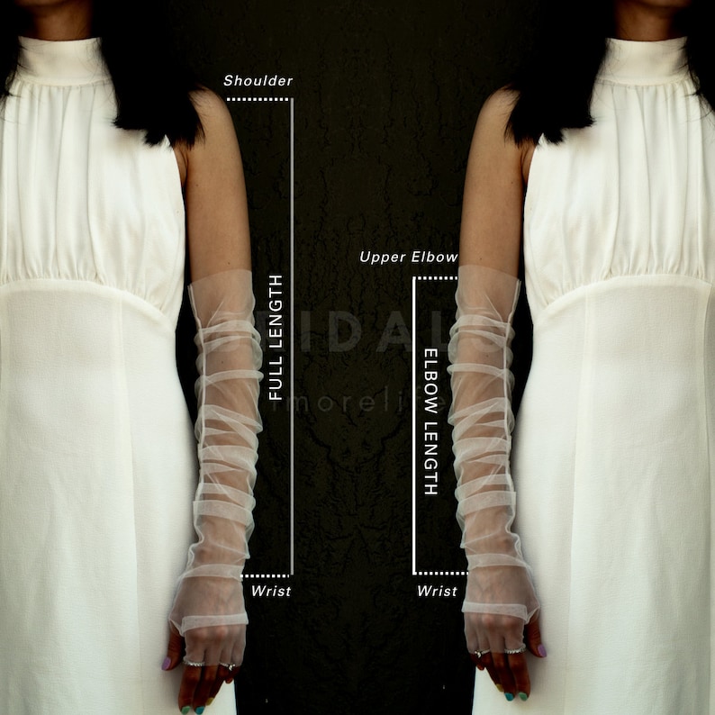May include: Two white tulle elbow length gloves with measurements marked for shoulder, upper elbow, wrist, full length and elbow length.