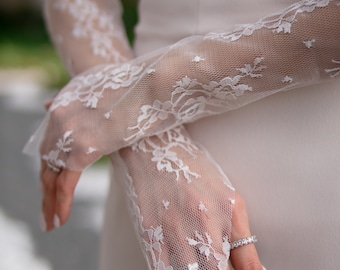 Custom Made Elegant Flower Lace Bridal Gloves in White