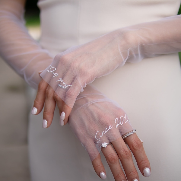 Bridal/ Wedding Gloves/ Sleeves. Sheer Fingerless, Removeable Off Shoulder. Customizable DTF Printing.