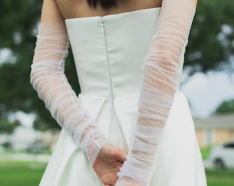 Custom Made Elegant Pleated Mesh Bridal Sleeves in White or Ivory