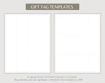 Drag and drop Gift tag TemPlates, 12 tags per 8.5x11" (US letter) | tag size 2 x 3.5 inches, Use on Canva