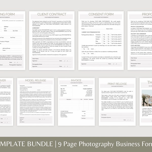 Photography Business Forms Bundle, Photography Forms Template Set, Canva, Forms For Photographer, Client Contract, Booking form,Invoice form